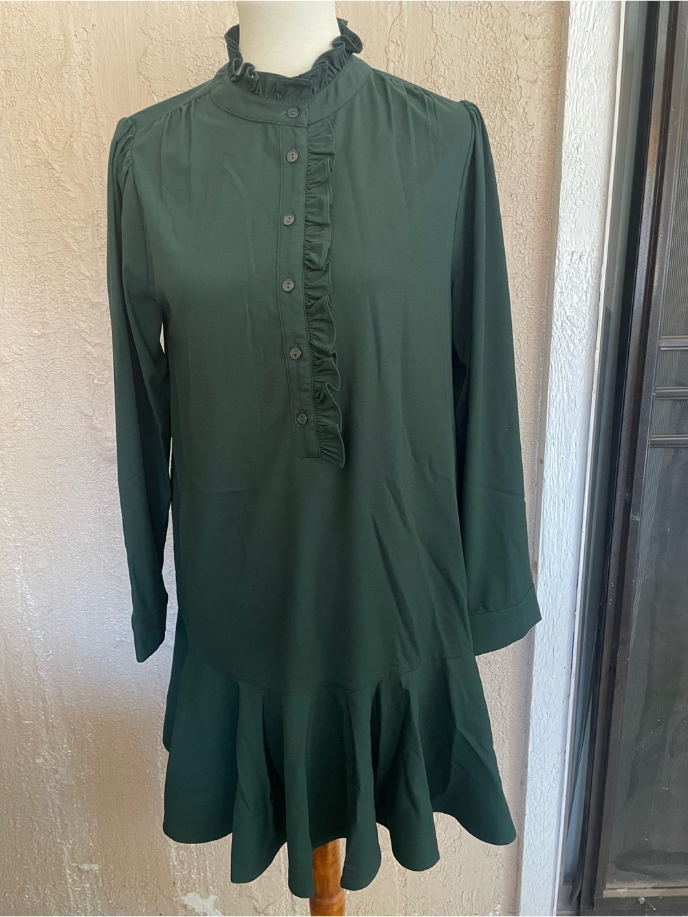 JODIFL Dark Green Ruffle-Placket Long Sleeve Dress
